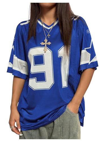【新品】Football Oversized Tee / BLUE（M-L） SHENHE Women's Graphic Football Jersey Top V Neck Short Sleeve